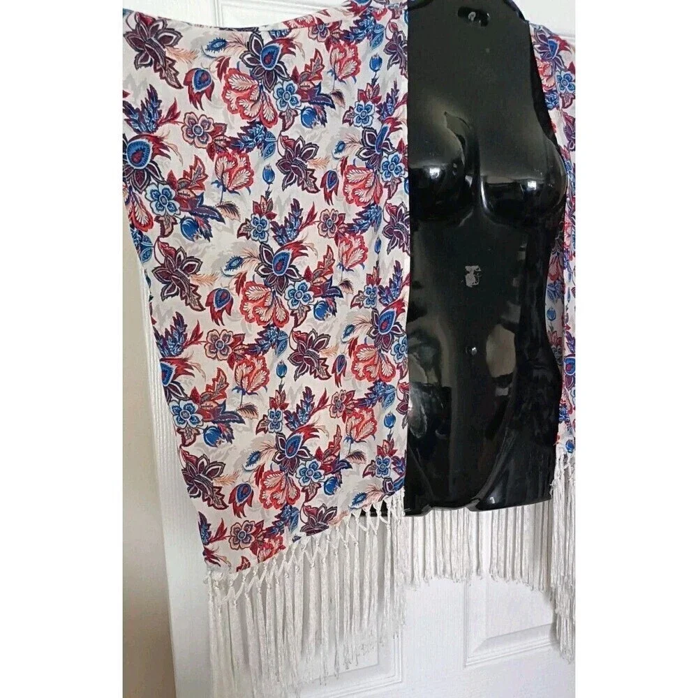 Forever 21 Fringe Kimono Cover Up Size Medium Boho Floral Festival Chiffon